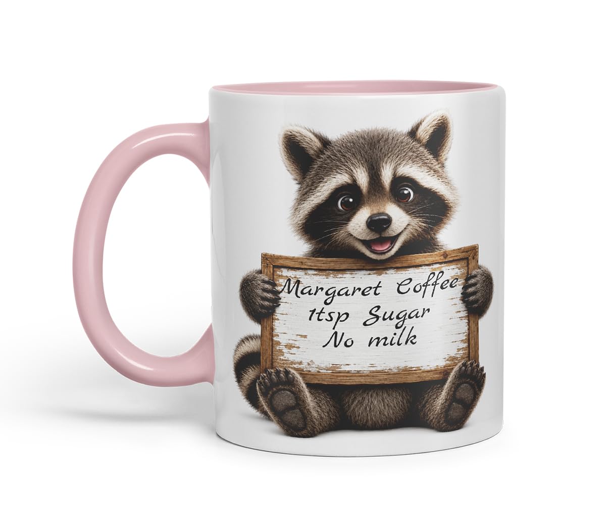 Vixar Personalised Raccoon Mug with Name or Custom Message – Cute Animal Coloured Ceramic Mug Cup Gift, 11oz (Black)