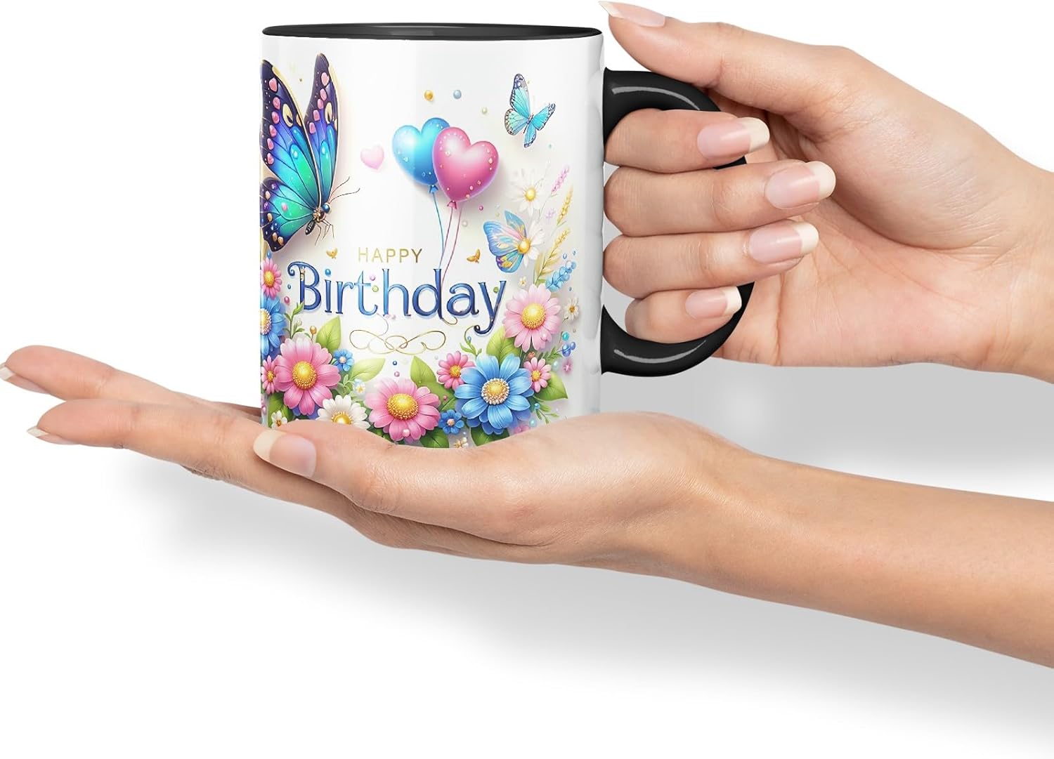 Vixar Happy Birthday Butterfly Floral Design Coloured Ceramic Mug Cup Gift 11oz V1 (Black)