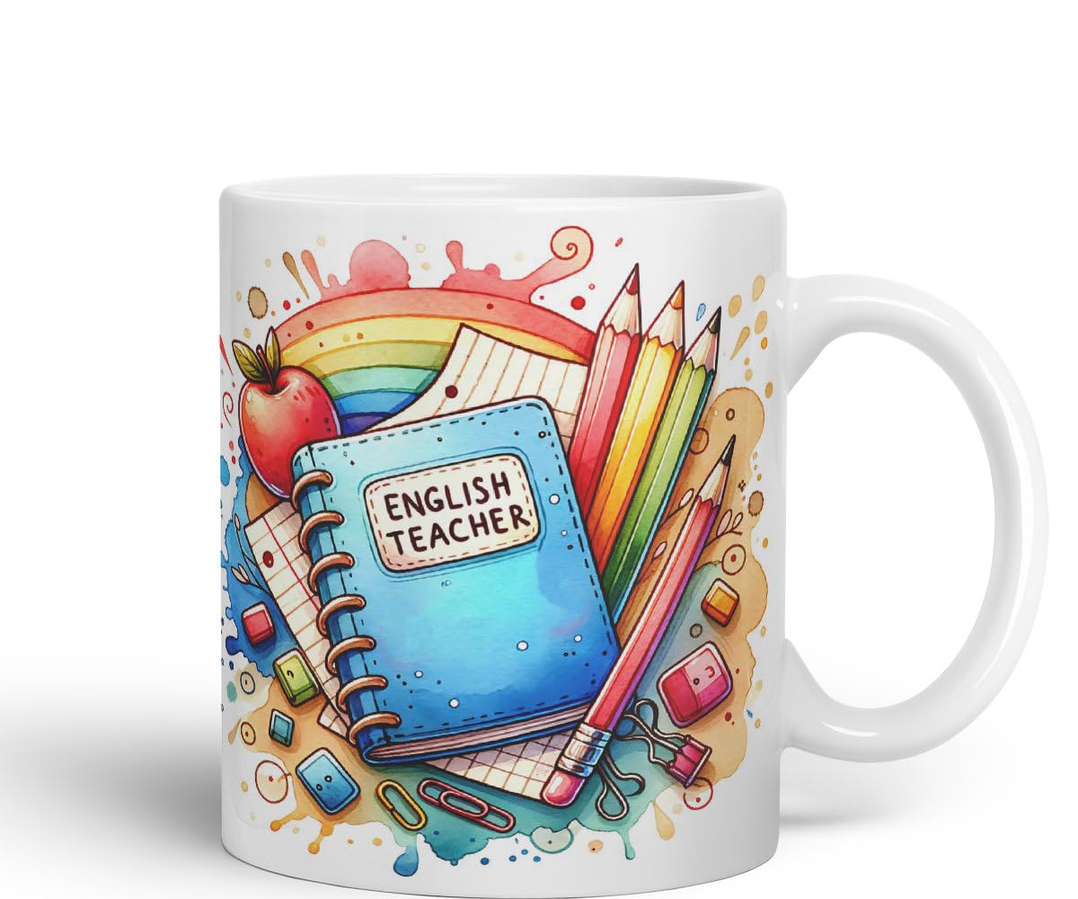 Vixar English Teacher Mug Thank You, End of School Gift Ceramic Coloured Mug Cup for Tea Coffee Hot Brew 330ml 11Oz Gift