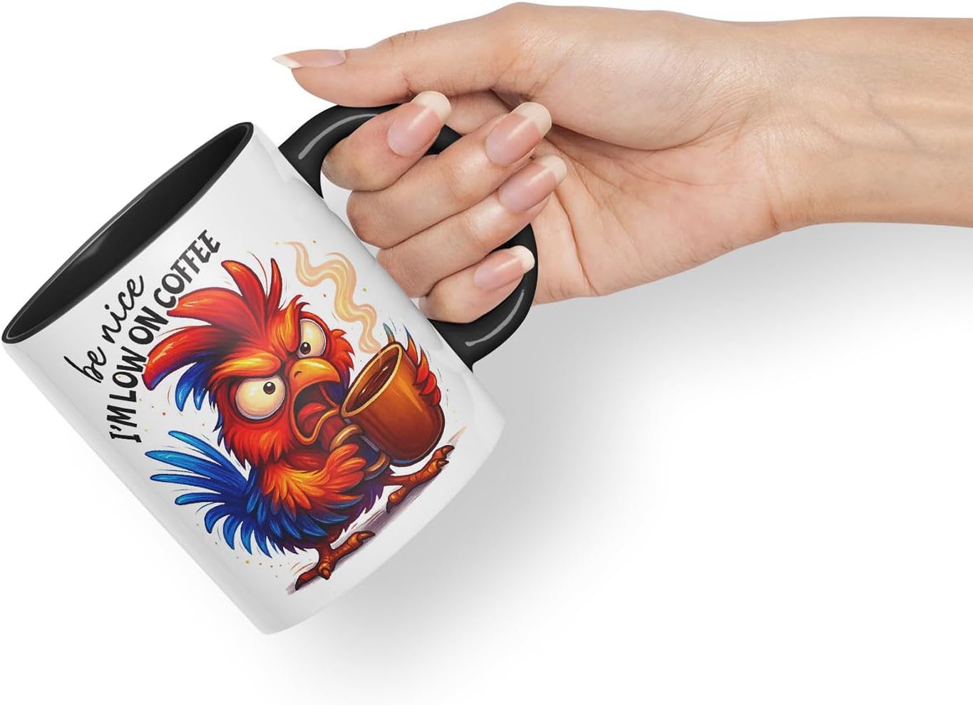 Vixar Be Nice I'm Low On Coffee Funny Chicken Mug – Coloured Ceramic Mug Cup Gift, 11oz (Black)