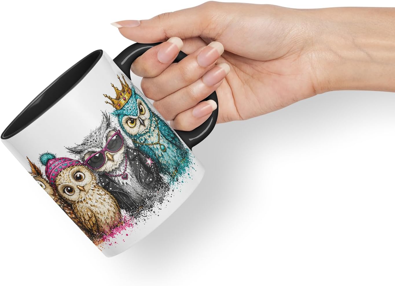 Vixar Owls Mug – Cute Owls Coloured Ceramic Mug Cup Gift, 11oz (Black)