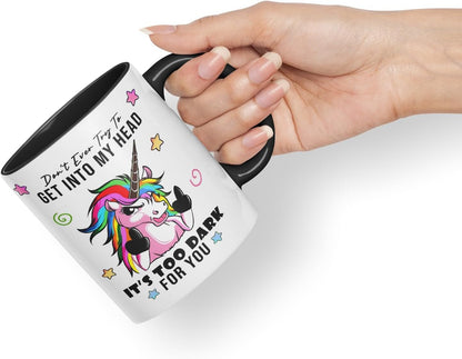 Vixar Don’t Ever Try to Get Into My Head – Funny Unicorn Coloured Mug Cup 11oz (Black)