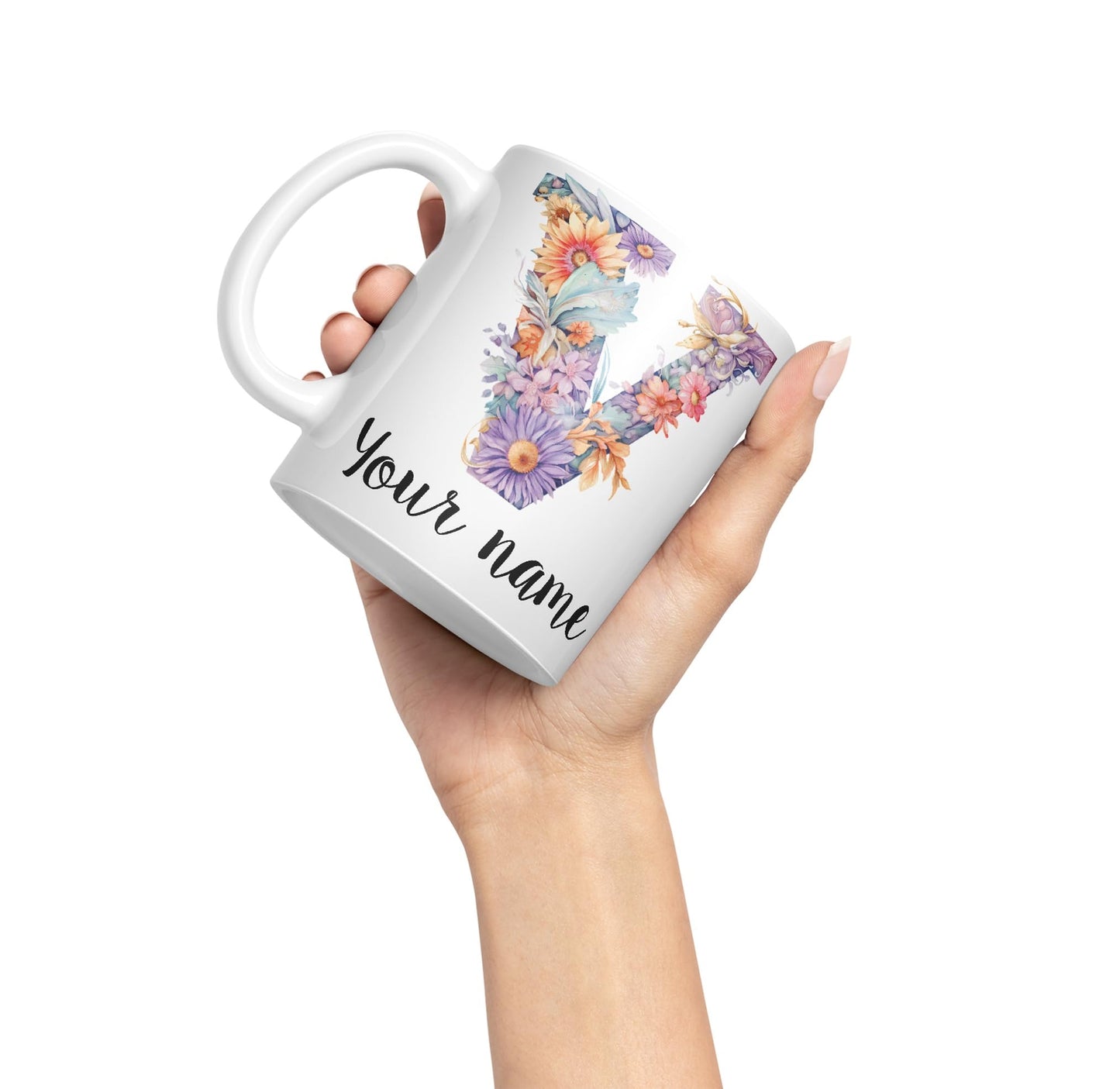 Personalised Letter V mug, Customized Custom Floral flowers butterfly Alphabet Letter V Monogram watercolour Ceramic Coloured Mug Cup for Tea Coffee Hot brew 330ml 11Oz Gift