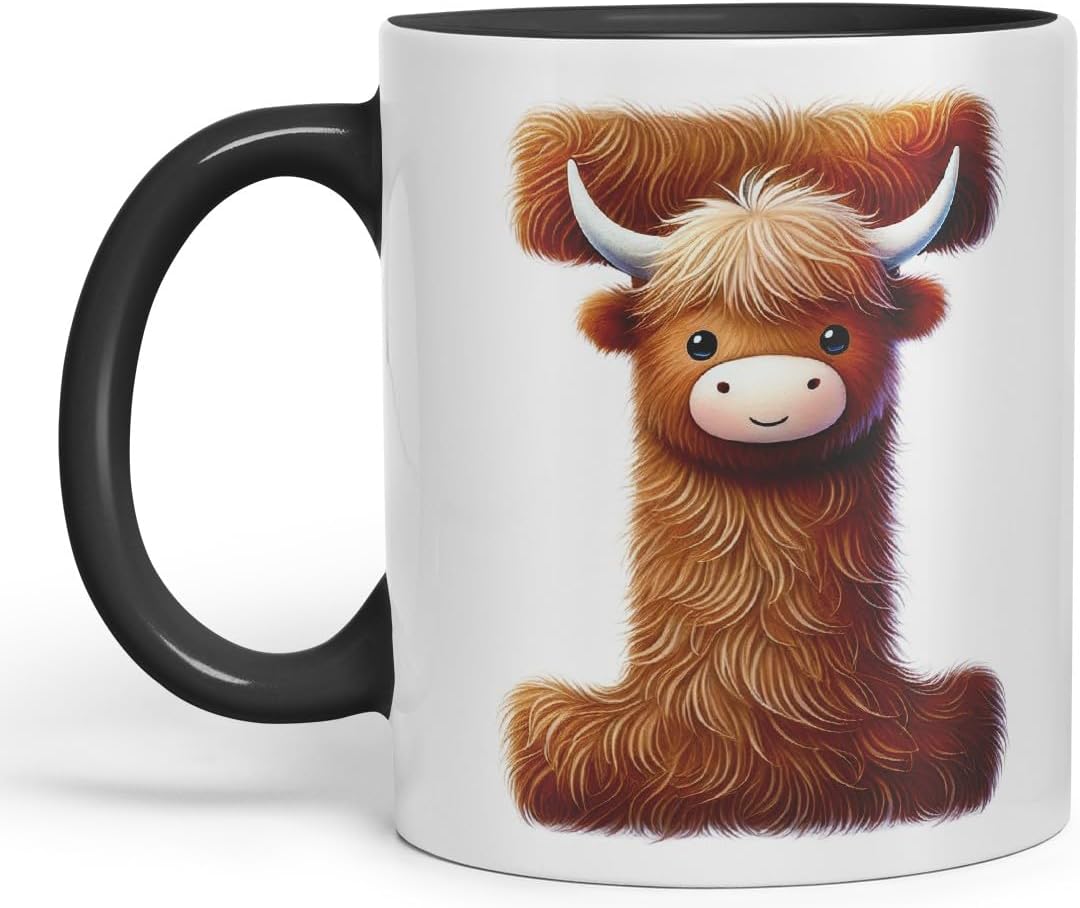 Highland Cow Alphabet Monogram Coloured Ceramic Cup Mug Letter I Rustic Farmhouse Animal Letter Gift V2 11oz (Black)