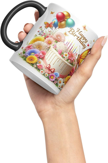 Vixar Happy Birthday Cake and Balloons Coloured Ceramic Mug Cup Gift 11oz V3 (Black)