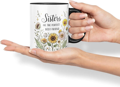 Sisters are The Perfect Best Friend Coloured Mug Cup Floral Sister Gift 11oz (Black)