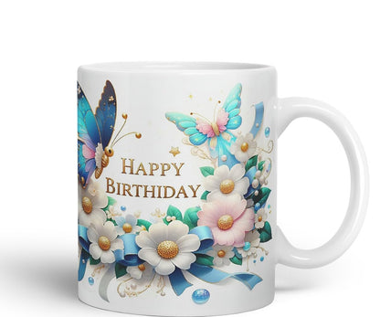 Vixar Happy Birthday Pearl Accents Butterflies Coloured Ceramic Mug Cup Gift 11oz V7 (Black)