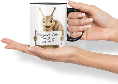 Vixar Personalised Snail Mug with Name or Custom Message – Cute Animal Coloured Ceramic Mug Cup Gift, 11oz (Black)