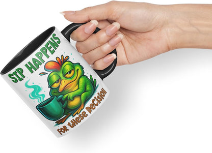 Vixar Sip Happens for These Decisions Funny Frog Coffee Mug – Coloured Ceramic Mug Cup Gift, 11oz (Black)