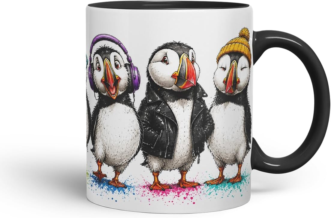 Vixar Cute Puffin Bird Mug – Cute Puffin Bird Coloured Ceramic Mug Cup Gift, 11oz (Black)