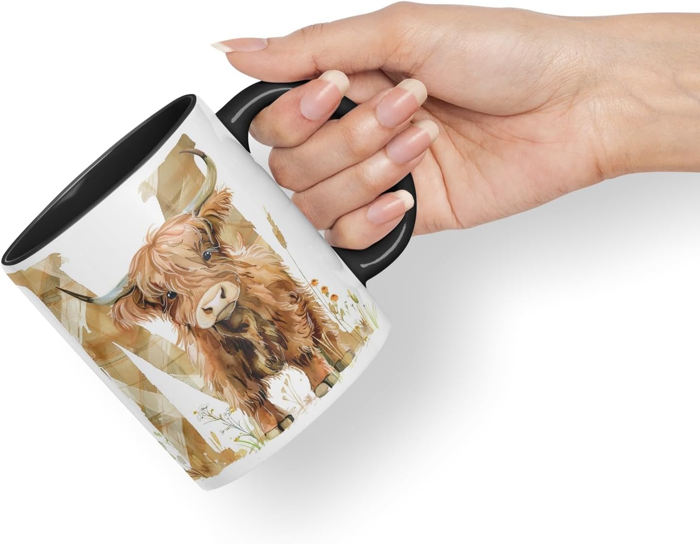 Vixar Highland Cow Alphabet Monogram Coloured Ceramic Cup Mug – Letter M – Rustic Farmhouse Animal Letter Gift – 11oz (Black)