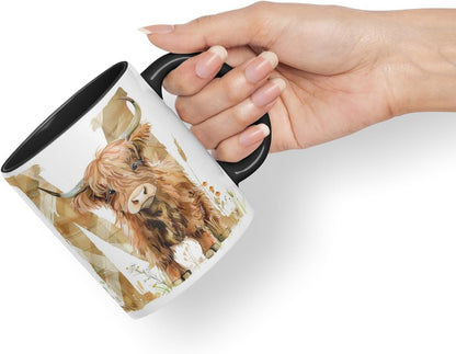 Vixar Highland Cow Alphabet Monogram Coloured Ceramic Cup Mug – Letter M – Rustic Farmhouse Animal Letter Gift – 11oz (Black)
