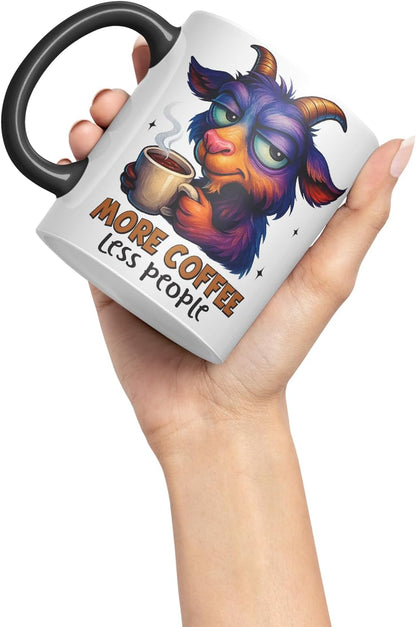 Vixar More Coffee Less People Funny Goat Mug – Coloured Ceramic Mug Cup Gift, 11oz (Black)