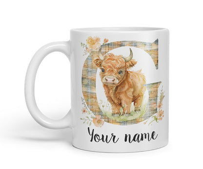 Vixar Personalised Highland Cow Initial Letter G Custom Name Mug – Coloured Ceramic Mug Cup Gift, 11oz (Black)
