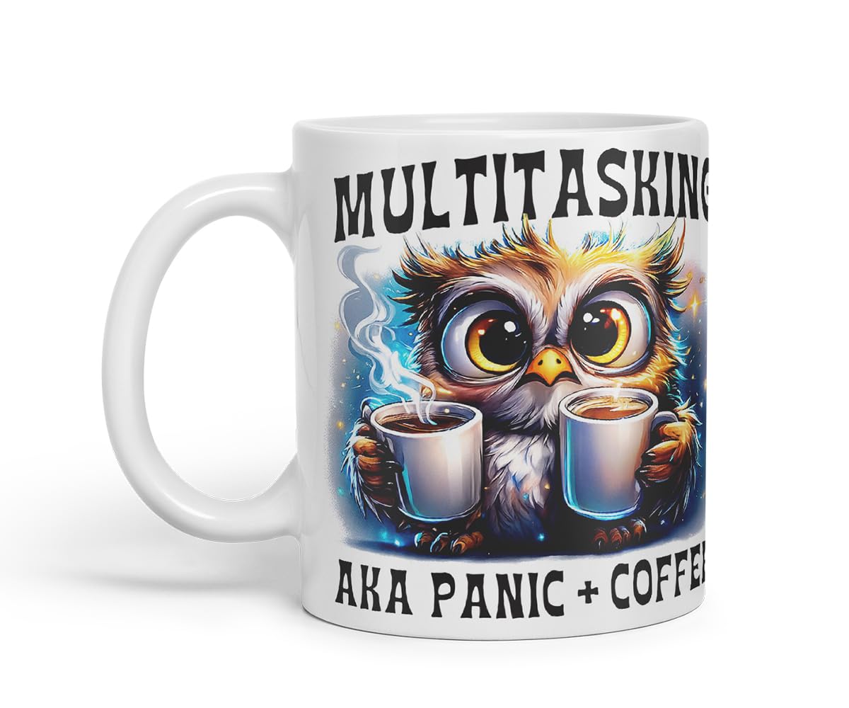 Vixar Multitasking AKA Panic Plus Coffee Funny Owl Mug – Coloured Ceramic Mug Cup Gift, 11oz (Black)