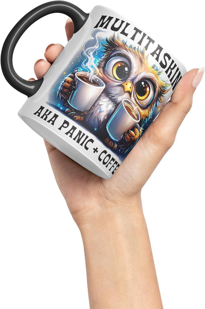 Vixar Multitasking AKA Panic Plus Coffee Funny Owl Mug – Coloured Ceramic Mug Cup Gift, 11oz (Black)