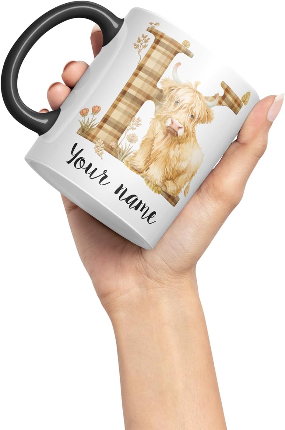 Vixar Personalised Highland Cow Initial Letter K Custom Name Mug – Coloured Ceramic Mug Cup Gift, 11oz (Black)