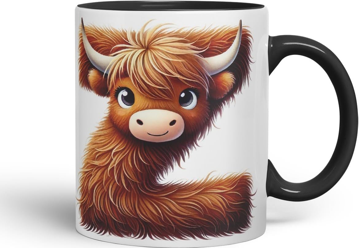 Highland Cow Alphabet Monogram Coloured Ceramic Cup Mug Letter Z Rustic Farmhouse Animal Letter Gift V2 11oz (Black)