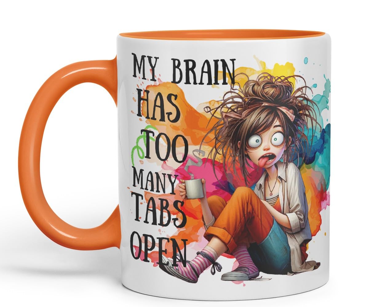 Vixar My Brain Has Too Many Tabs Open Mug – Coloured Ceramic Mug Cup Gift, 11oz (Black)