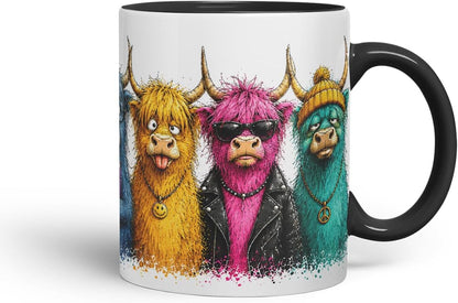 Vixar Highland Cow Mug – Cute Scottish Cow Animal Coloured Ceramic Mug Cup Gift, 11oz (Black)