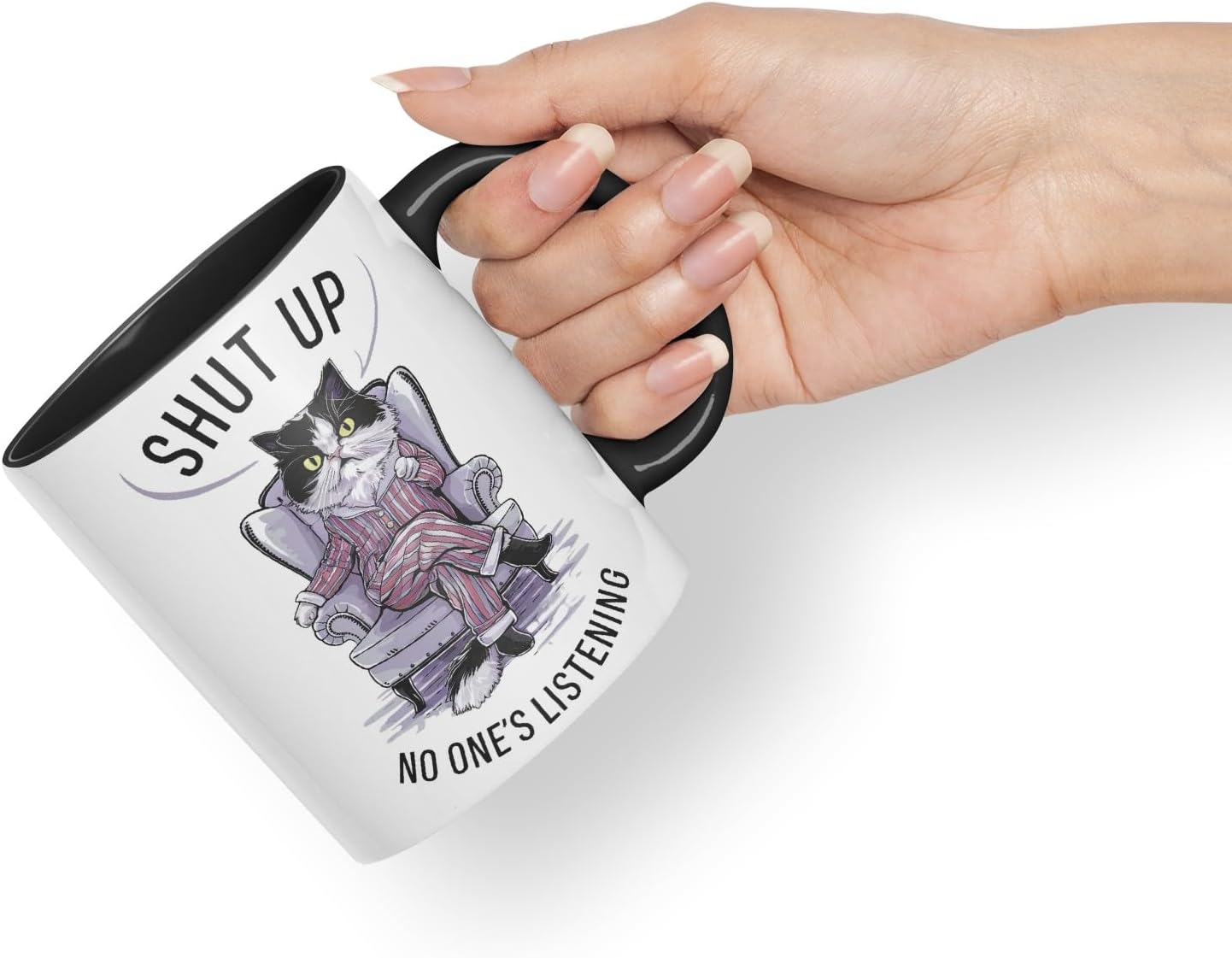 Vixar Shut Up No One’s Listening Sarcastic cat Coloured Ceramic Mug Cup Gift, 11oz (Black)