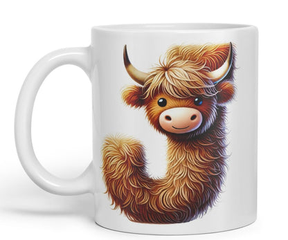 Highland Cow Alphabet Monogram Coloured Ceramic Cup Mug Letter J Rustic Farmhouse Animal Letter Gift V2 11oz (Black)