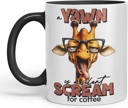 Vixar A Yawn is a Silent Scream for Coffee Giraffe Coloured Ceramic Mug Cup 11oz Funny Sarcastic Gift (Black)