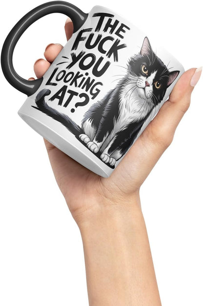 Vixar The F*** You Looking at? Sarcastic cat Coloured Ceramic Mug Cup Gift, 11oz (Black)