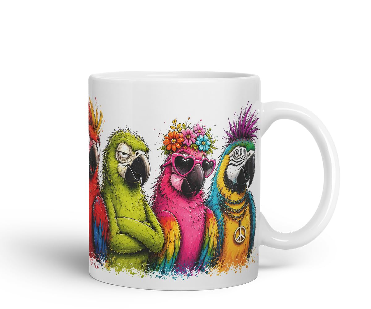 Vixar Parrots Mug – Colourful Bird Lover Coloured Ceramic Mug Cup Gift, 11oz (Black)