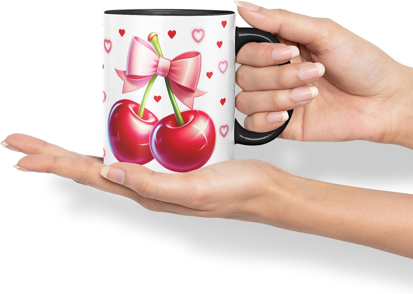 Vixar Cute Cherry Hearts Bow Mug – Coloured Ceramic Mug Cup Gift, 11oz (Black)