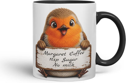 Vixar Personalised Robin Mug with Name or Custom Message – Cute Animal Coloured Ceramic Mug Cup Gift, 11oz (Black)