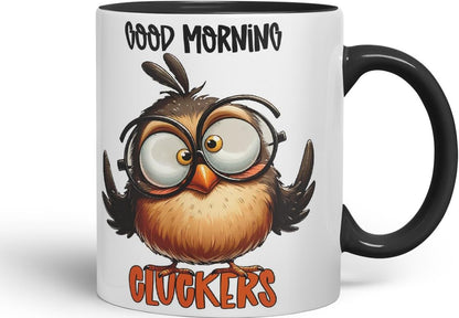 Vixar Good Morning Cluckers Coloured Ceramic Mug Cup 11oz Funny Sarcastic Gift (Black)