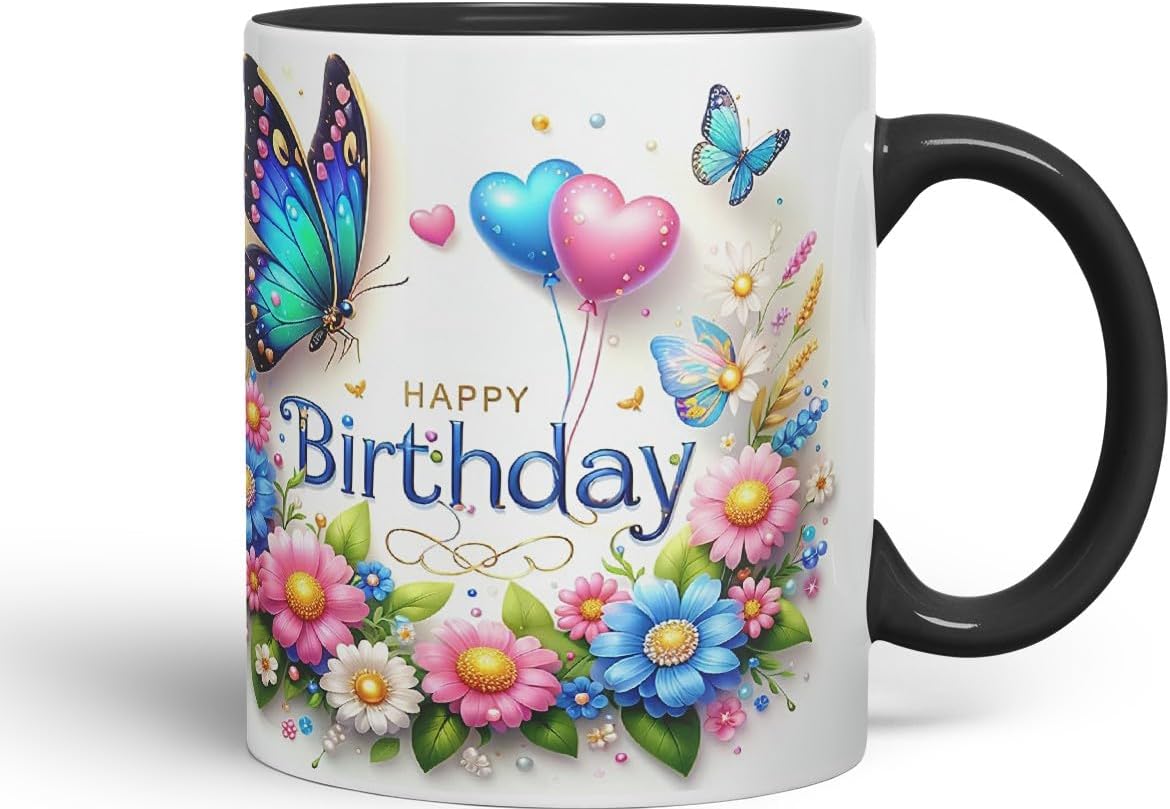 Vixar Happy Birthday Butterfly Floral Design Coloured Ceramic Mug Cup Gift 11oz V1 (Black)