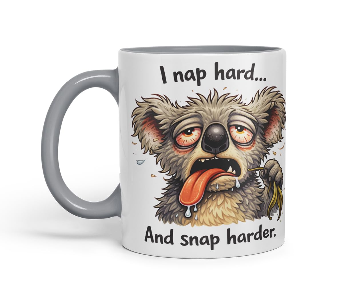 Vixar I Nap Hard and Snap Harder Funny Koala Mug – Coloured Ceramic Mug Cup Gift, 11oz (Black)