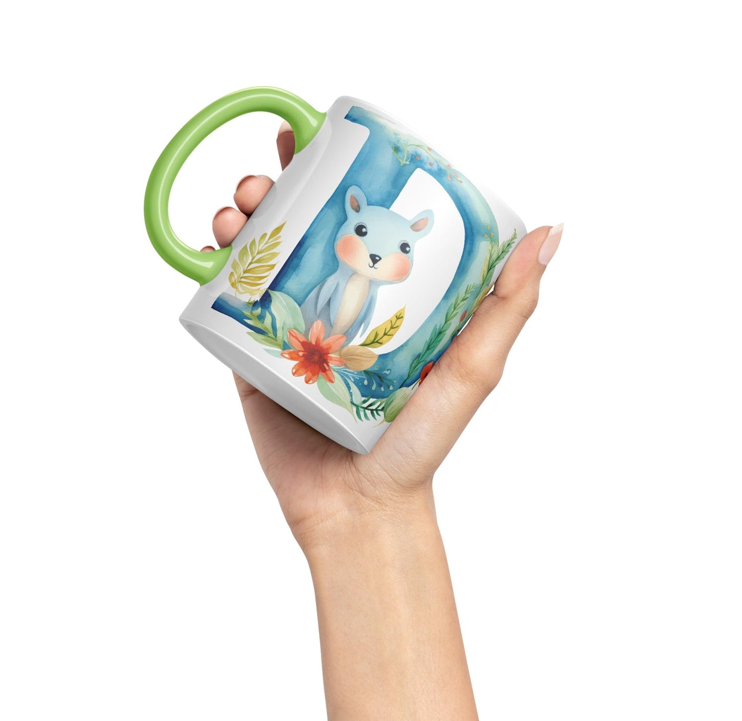 Letter D mug, Animals Alphabet Letter D Monogram animal for kids Ceramic Coloured Mug Cup for Tea Coffee Hot brew 330ml 11Oz Gift