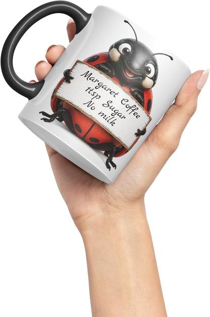 Vixar Personalised Ladybird Mug with Name or Custom Message – Cute Animal Coloured Ceramic Mug Cup Gift, 11oz (Black)