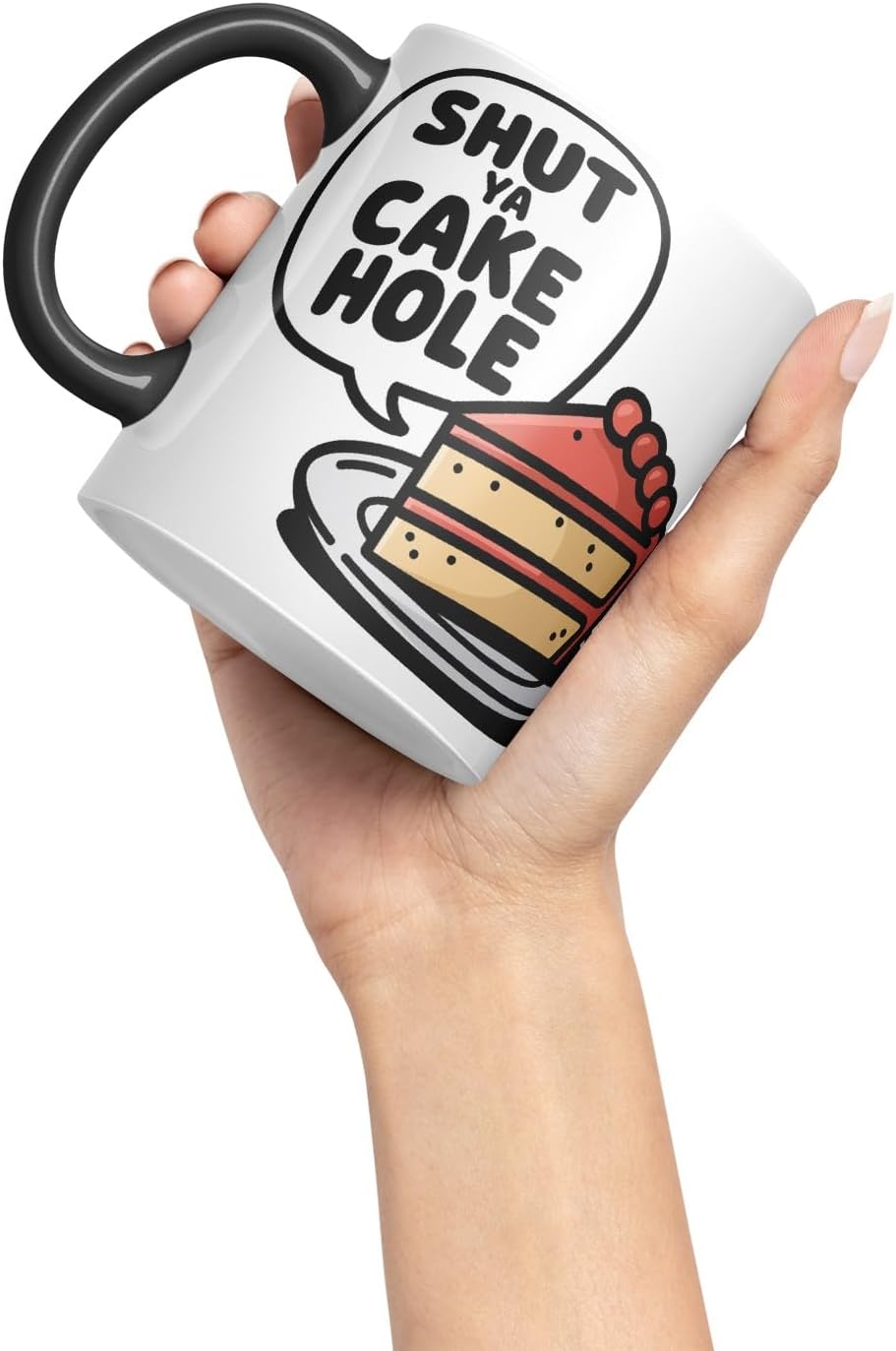 Vixar Shut Ya Cake Hole Funny Cake Mug – Coloured Ceramic Mug Cup Gift, 11oz (Black)