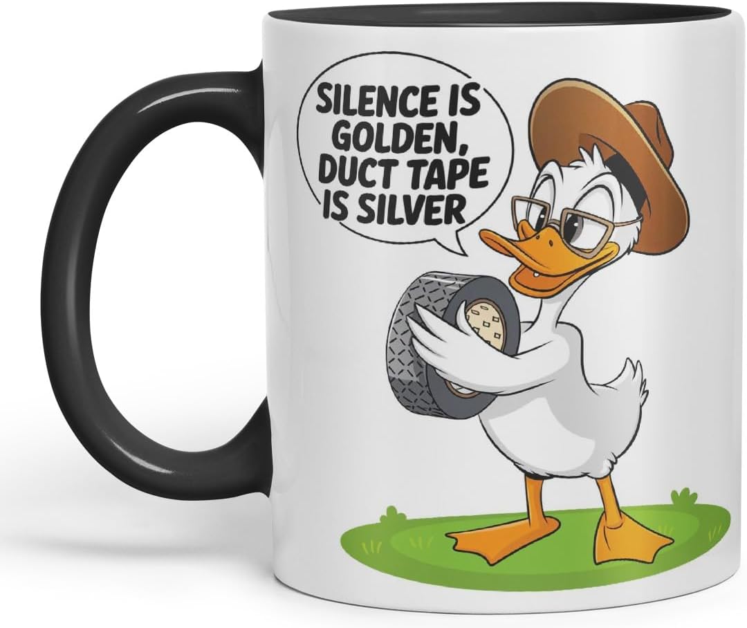 Vixar Silence is Golden Duct Tape is Silver – Coloured Ceramic Mug Cup Gift, 11oz (Black)