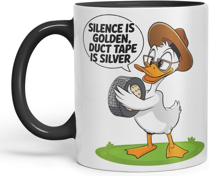 Vixar Silence is Golden Duct Tape is Silver – Coloured Ceramic Mug Cup Gift, 11oz (Black)