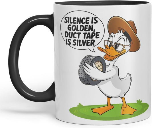 Vixar Silence is Golden Duct Tape is Silver – Coloured Ceramic Mug Cup Gift, 11oz (Black)