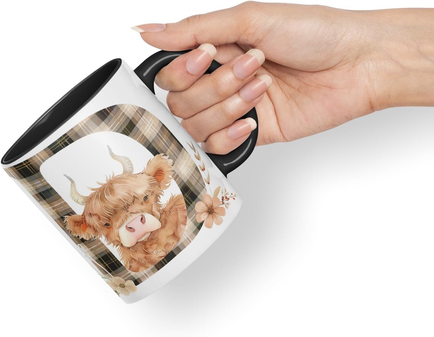 Vixar Highland Cow Alphabet Monogram Coloured Ceramic Cup Mug – Letter D – Rustic Farmhouse Animal Letter Gift – 11oz (Black)