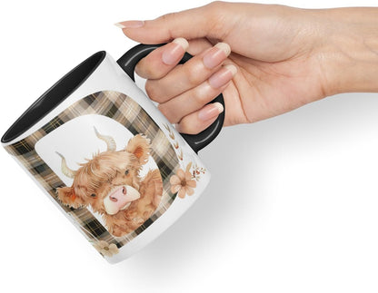 Vixar Highland Cow Alphabet Monogram Coloured Ceramic Cup Mug – Letter D – Rustic Farmhouse Animal Letter Gift – 11oz (Black)