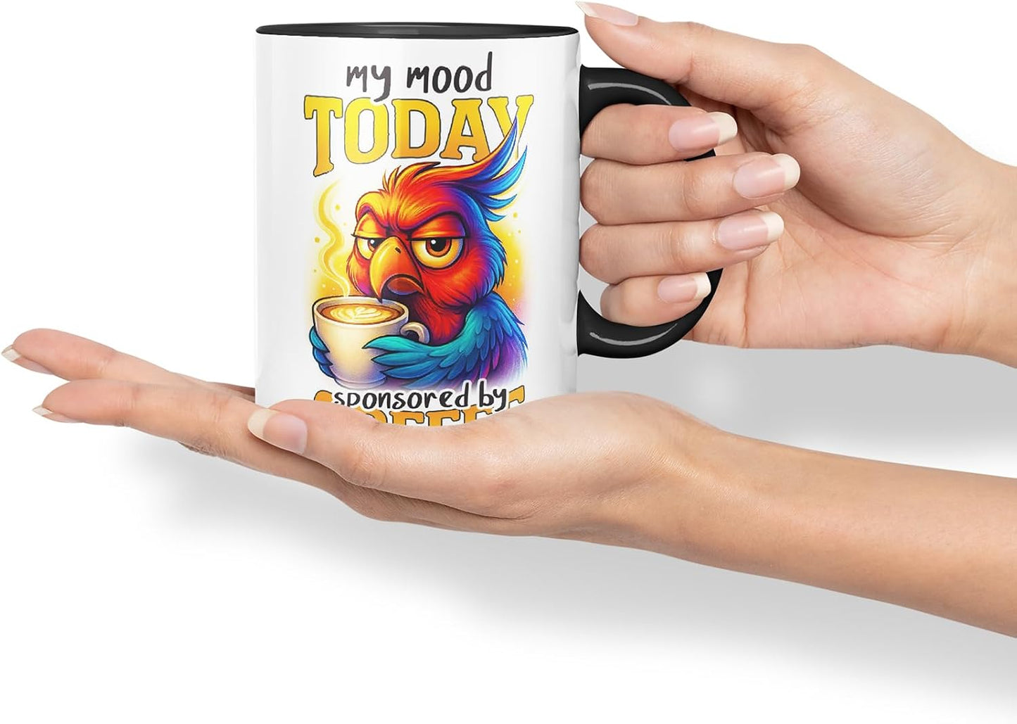 Vixar My Mood Today Sponsored By Coffee Funny Parrot Mug – Coloured Ceramic Mug Cup Gift, 11oz (Black)