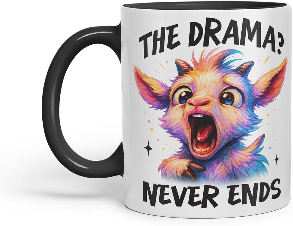 Vixar The Drama Never Ends Sarcastic Goat – Coloured Ceramic Mug Cup Gift, 11oz (Black)
