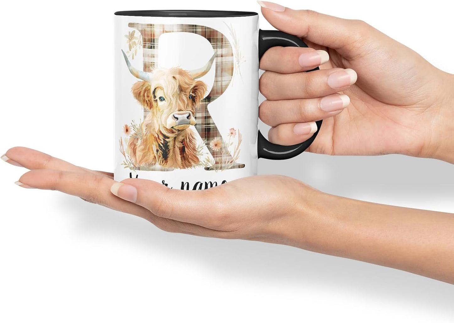 Vixar Personalised Highland Cow Initial Letter R Custom Name Mug – Coloured Ceramic Mug Cup Gift, 11oz (Black)
