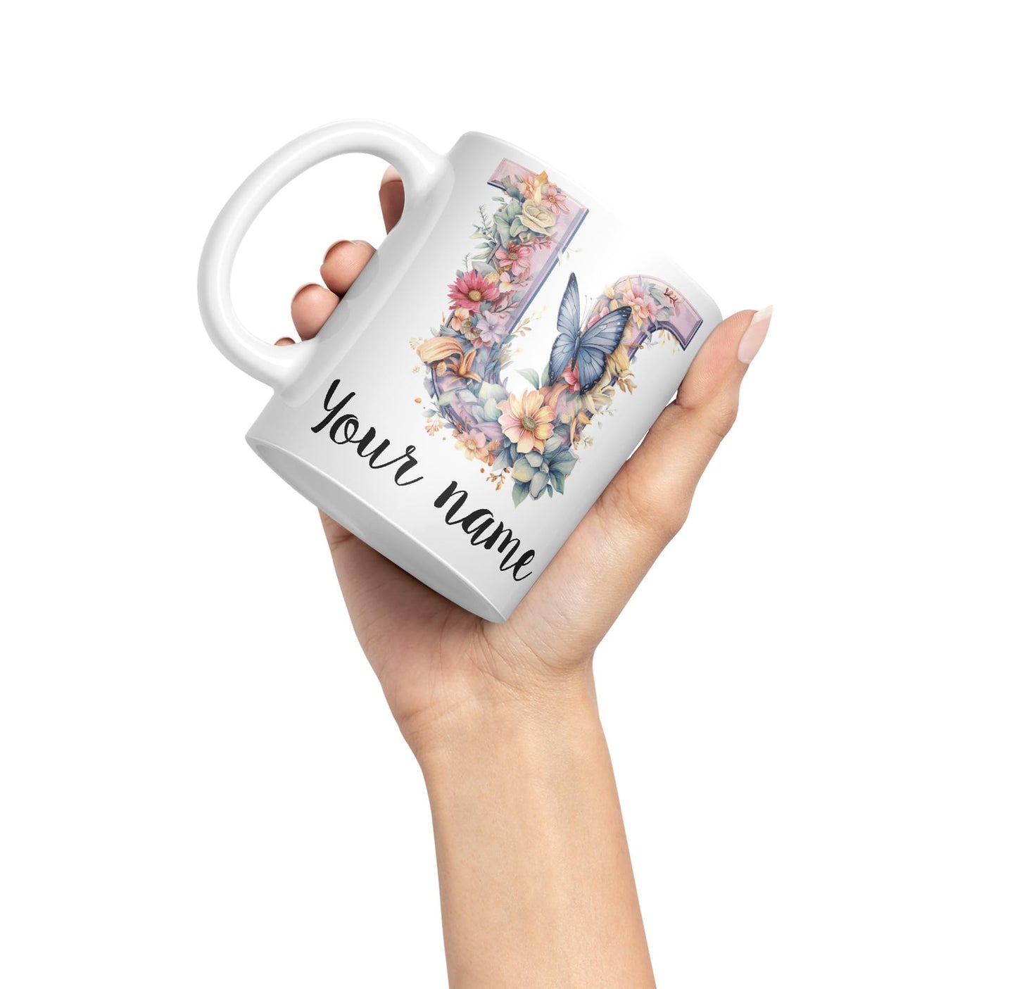 Personalised Letter U mug, Customized Custom Floral flowers butterfly Alphabet Letter U Monogram watercolour Ceramic Coloured Mug Cup for Tea Coffee Hot brew 330ml 11Oz Gift