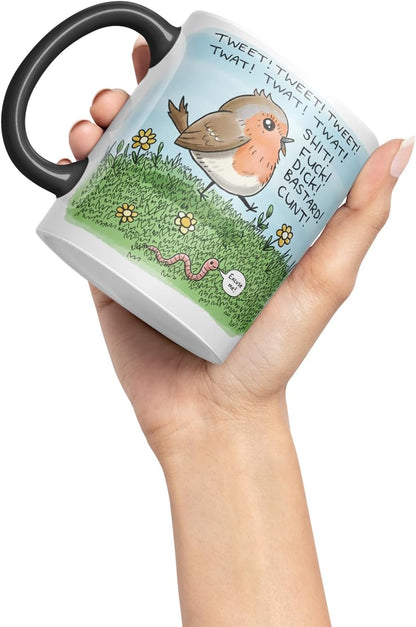 Vixar Funny Robin Bird Swearing Joke Mug – Coloured Ceramic Mug Cup Gift, 11oz (Black)