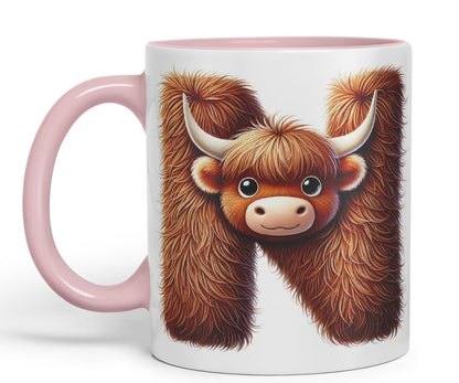 Highland Cow Alphabet Monogram Coloured Ceramic Cup Mug Letter N Rustic Farmhouse Animal Letter Gift V2 11oz (Black)