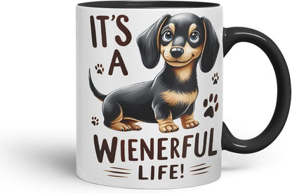 Vixar It’s A Wienerful Life Dachshund Dog Mug – Coloured Ceramic Mug Cup Gift, 11oz (Black)