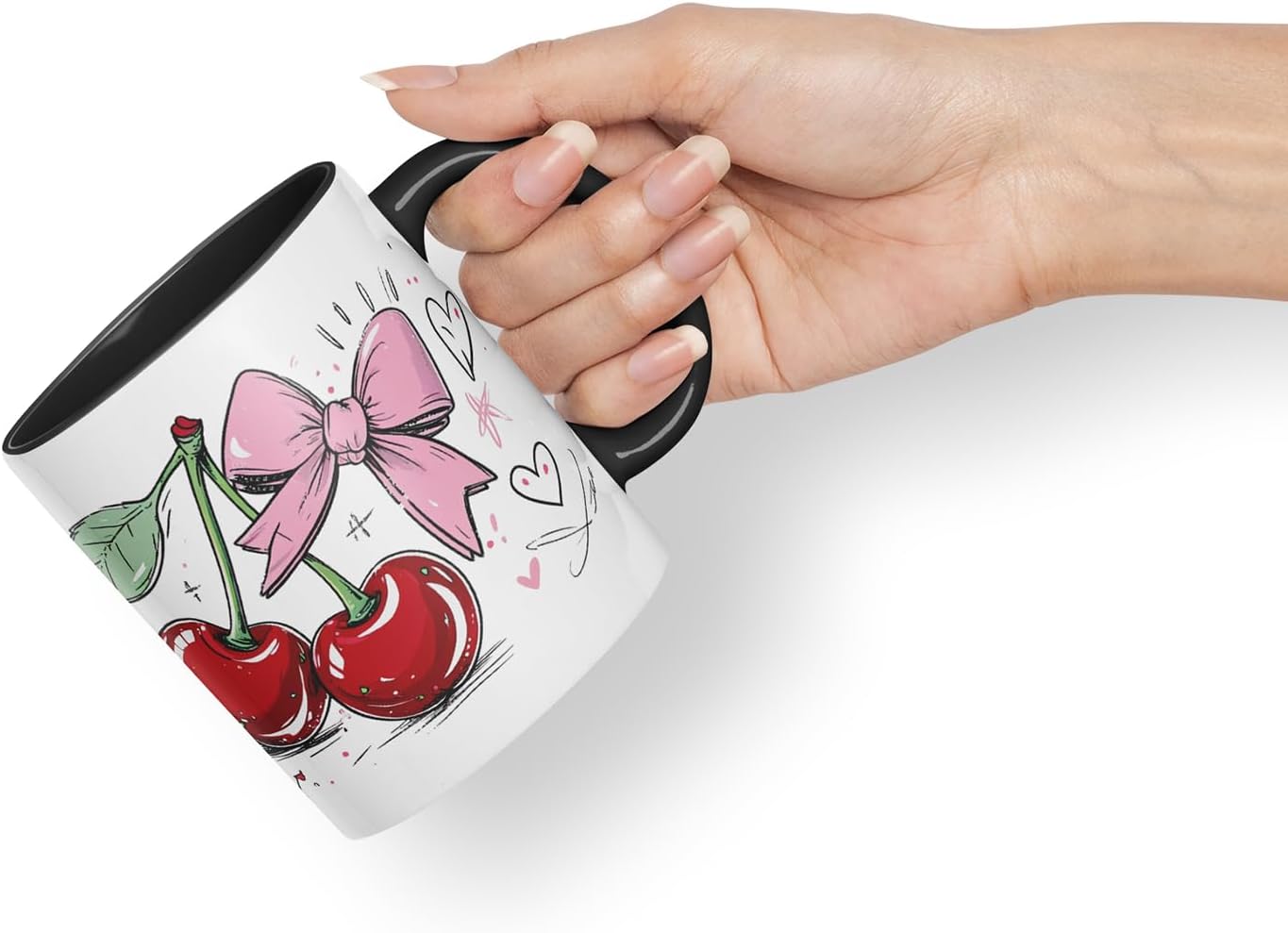 Vixar Cherry Pink Bow Mug – Coloured Ceramic Mug Cup Gift, 11oz (Black)